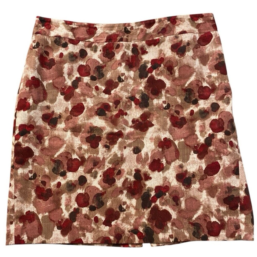 Ann Taylor Petite Pencil Skirt Womens 14P Red Brown Floral Watercolor Lined